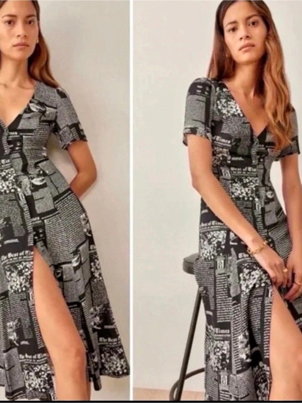 Reformation Locklin Dress Graphic News Print Midi Dress Size 4